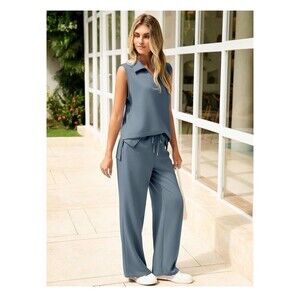 Women's 2-Piece Sleeveless Lounge Set with Wide Leg Pants Blue Small